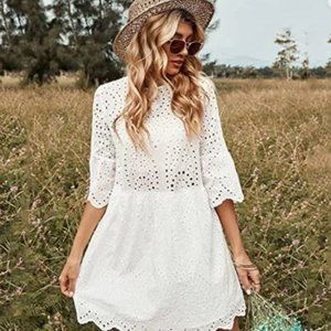 Le Ragazze White Eyelet Babydoll Dress 3/4 Sleeve Lined Medium NWT